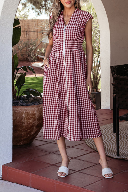 Red Plaid Print Full Zipper Cinched Waist Fit Flare Sleeveless Maxi Dress-TOPS / DRESSES-[Adult]-[Female]-Red-S-2022 Online Blue Zone Planet