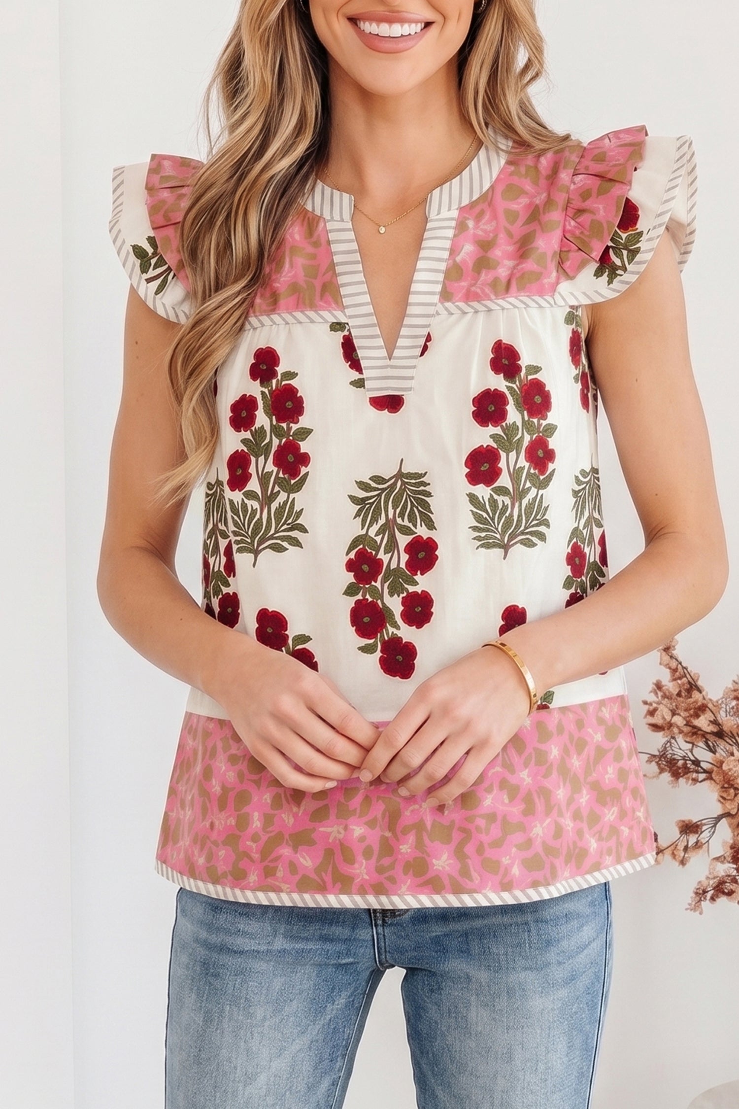 White Floral Print Contrast Striped Trim Flutter Cotton Blouse-Tops/Blouses & Shirts-[Adult]-[Female]-2022 Online Blue Zone Planet