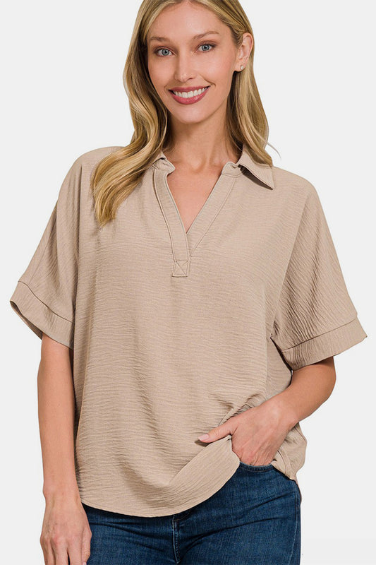 Zenana Texture Collared Neck Short Sleeve Top-TOPS / DRESSES-[Adult]-[Female]-Ash Mocha-S-2022 Online Blue Zone Planet