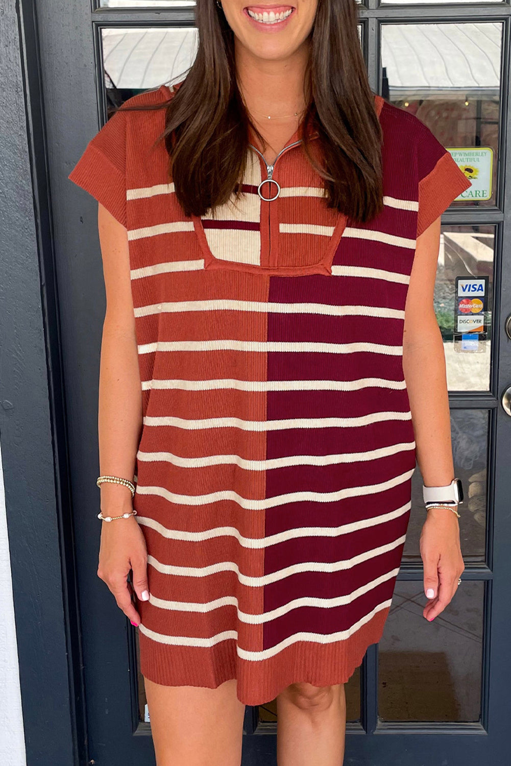 Khaki Stripe Color Block Quarter Zip Collar Short Sleeve Sweater Dress-Sweaters & Cardigans/Sweater Dresses-[Adult]-[Female]-Brown Stripe-S-2022 Online Blue Zone Planet