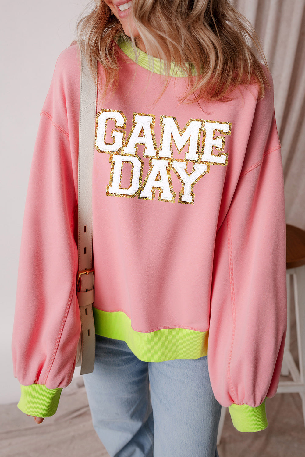 Pink GAME DAY Glitter Color Block Crew Neck Sweatshirt-Graphic/Graphic Sweatshirts-[Adult]-[Female]-2022 Online Blue Zone Planet