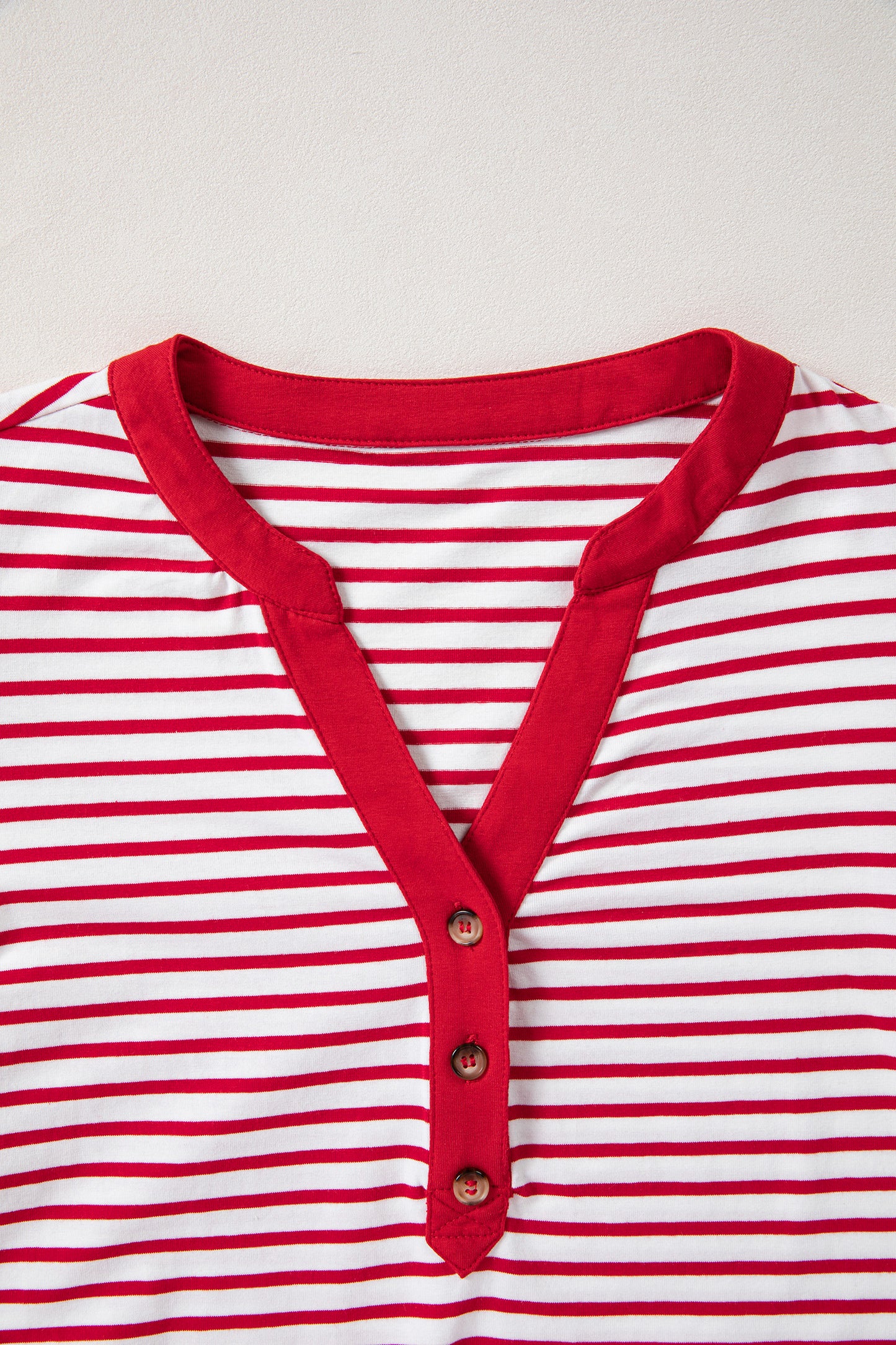Red Stripe Half Placket V Neck Contrast 3/4 Sleeve Patchwork Top-Tops/Long Sleeve Tops-[Adult]-[Female]-2022 Online Blue Zone Planet
