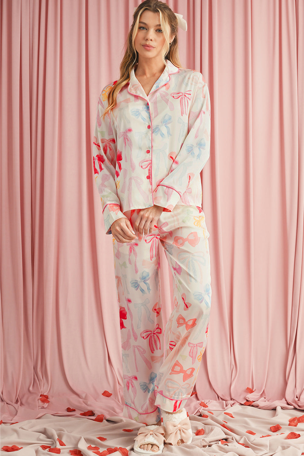 Blue Zone Planet | White Bow Print Lapel Collar Wide Leg Satin Pajama Set-Loungewear Set-[Adult]-[Female]-2022 Online Blue Zone Planet