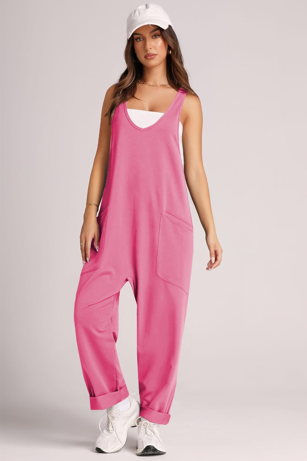 Blue Zone Planet | Wide Strap Jumpsuit with Pockets-TOPS / DRESSES-[Adult]-[Female]-Hot Pink-S-2022 Online Blue Zone Planet