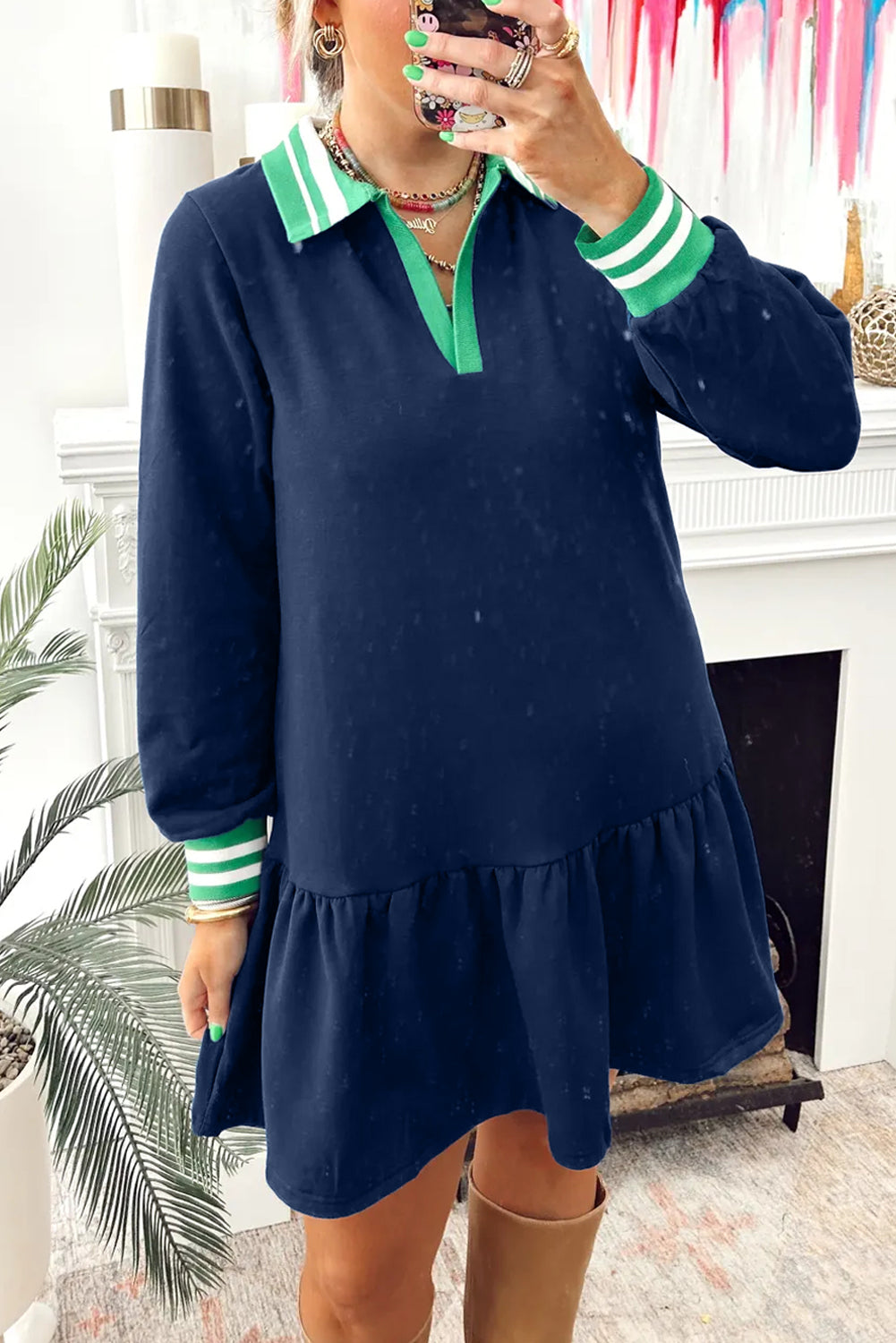 Navy Blue Contrast Striped Cuffs Polo Collar Patchwork Long Sleeve Ruffle Hem Mini Dress-TOPS / DRESSES-[Adult]-[Female]-Navy Blue-S-2022 Online Blue Zone Planet