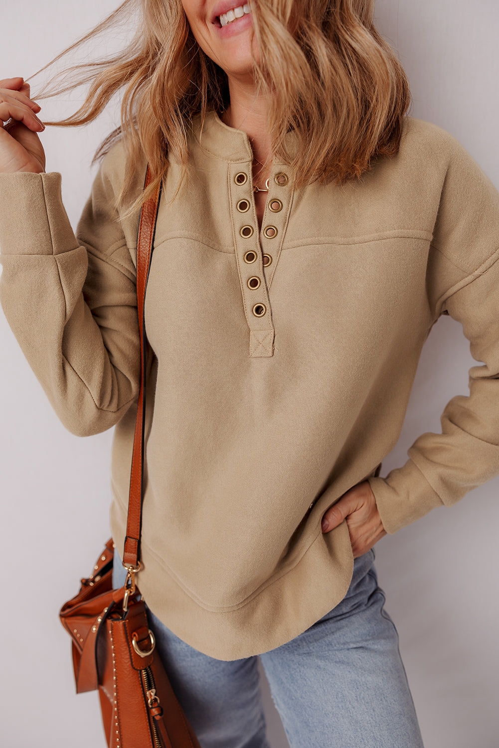 Light French Beige Grommet Detail V Neck Sweatshirt-Tops/Sweatshirts & Hoodies-[Adult]-[Female]-Light French Beige-S-2022 Online Blue Zone Planet