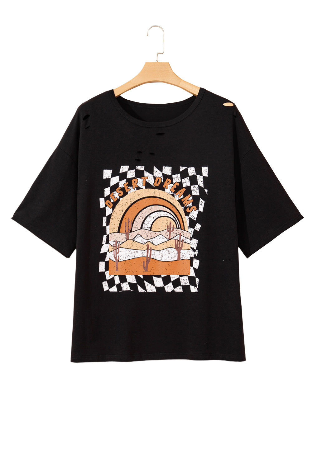 Black Checkerd Desert Dreams Printed Ripped Plus Size Tee-Plus Size/Plus Size Tops/Plus Size Tops & Tees-[Adult]-[Female]-2022 Online Blue Zone Planet