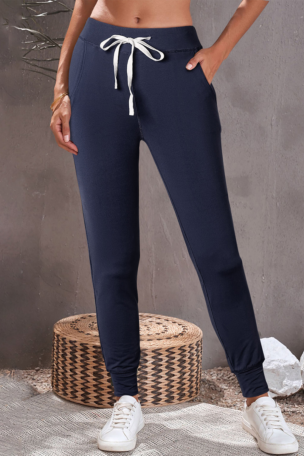 Moss Green Drawstring Elastic Waistband Pocketed Joggers-Sale (50% OFF)/30% OFF-[Adult]-[Female]-Navy Blue-S-2022 Online Blue Zone Planet