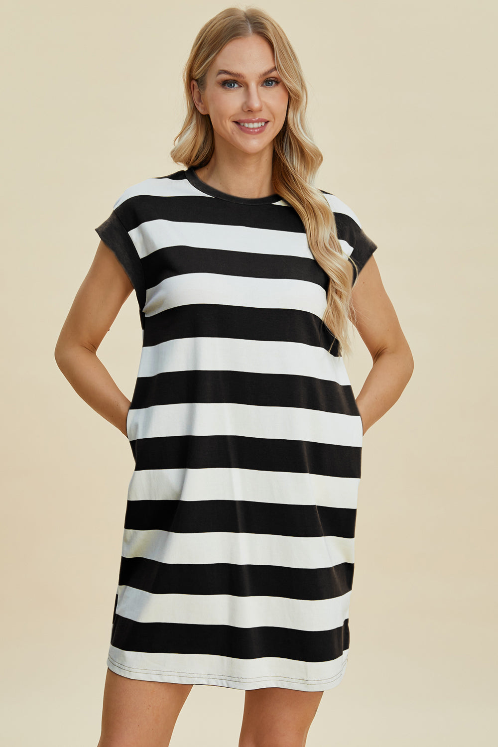 Basic Bae Full Size Striped Round Neck Cap Sleeve Mini Dress-TOPS / DRESSES-[Adult]-[Female]-2022 Online Blue Zone Planet