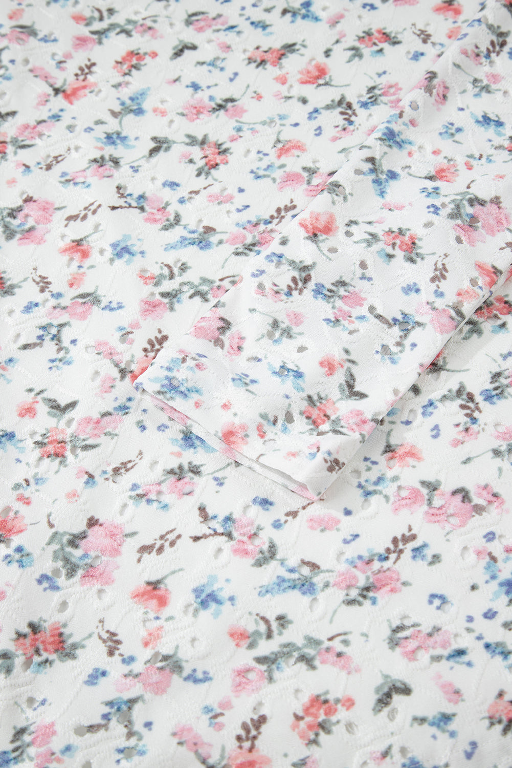 White Floral Print Textured Square Neck Slim Fit Long Sleeve Top-Tops/Long Sleeve Tops-[Adult]-[Female]-2022 Online Blue Zone Planet