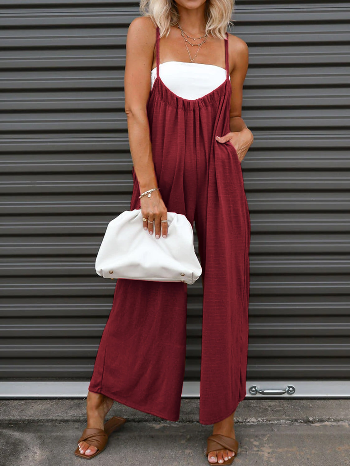 Ruched Spaghetti Strap Jumpsuit-TOPS / DRESSES-[Adult]-[Female]-Burgundy-S-2022 Online Blue Zone Planet