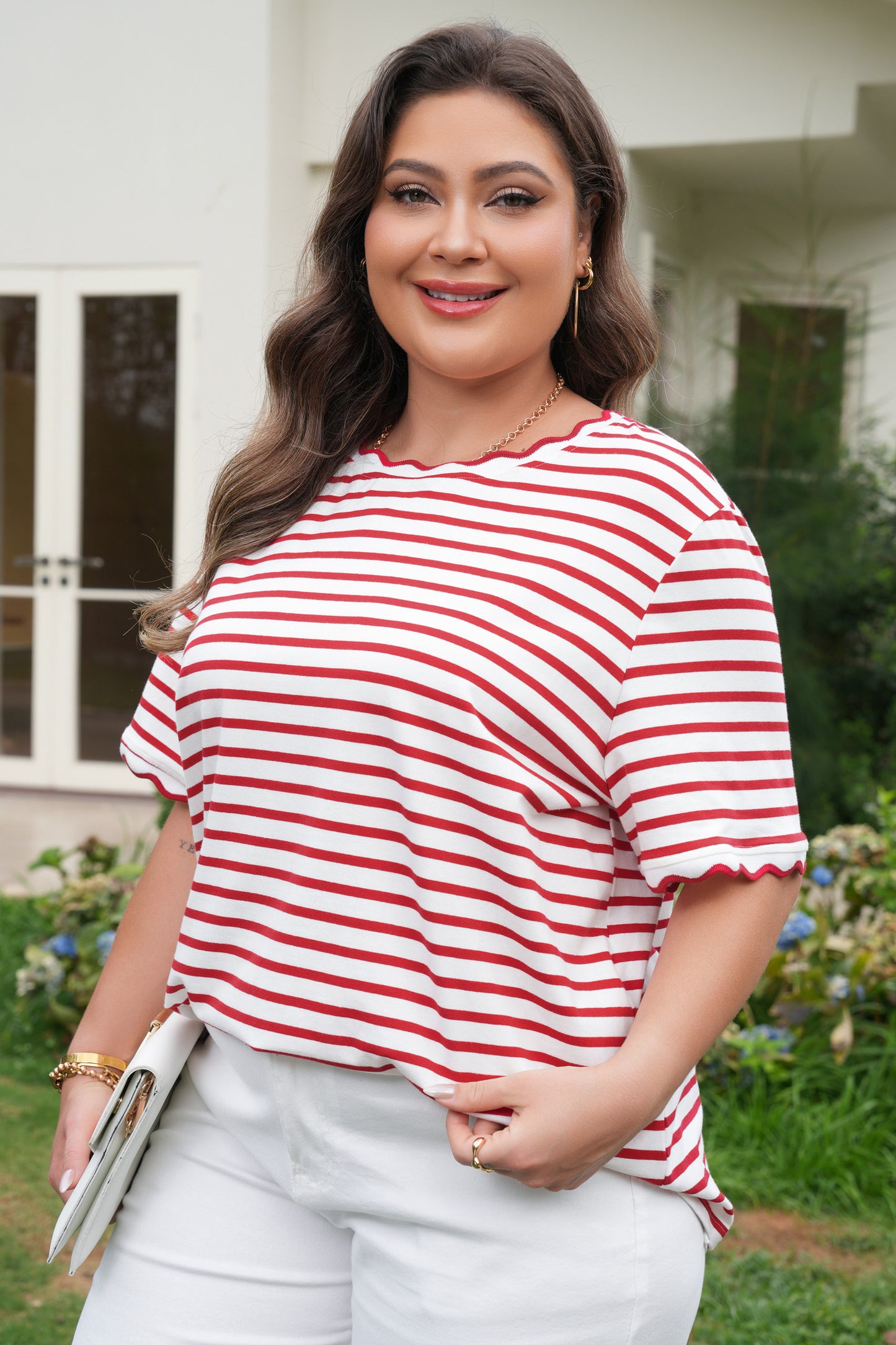 Red Stripe Plus Size Scalloped Trim Round Neck Short Sleeve Top-Plus Size/Plus Size Tops/Plus Size Tops & Tees-[Adult]-[Female]-2022 Online Blue Zone Planet