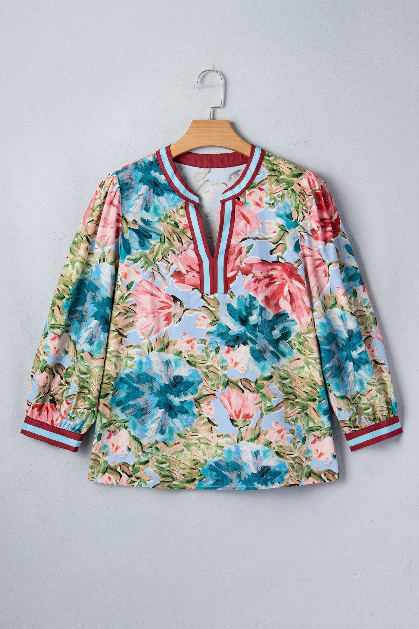 Sky Blue Contrast Trim V Neck Cuffed Bracelet Sleeve Floral Blouse-Bracelet-[Adult]-[Female]-2022 Online Blue Zone Planet