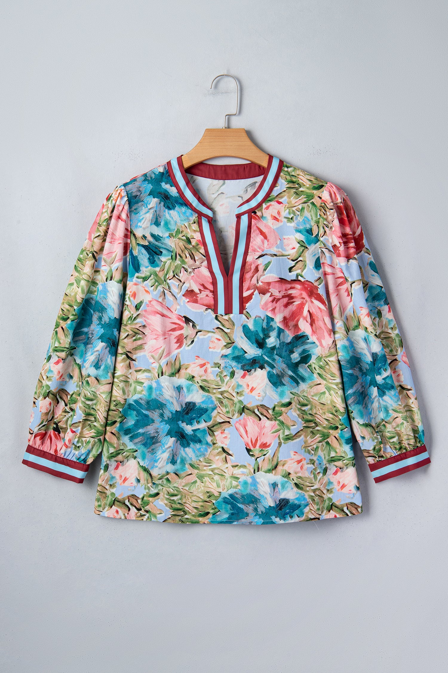 Sky Blue Contrast Trim V Neck Cuffed Bracelet Sleeve Floral Blouse-Bracelet-[Adult]-[Female]-2022 Online Blue Zone Planet