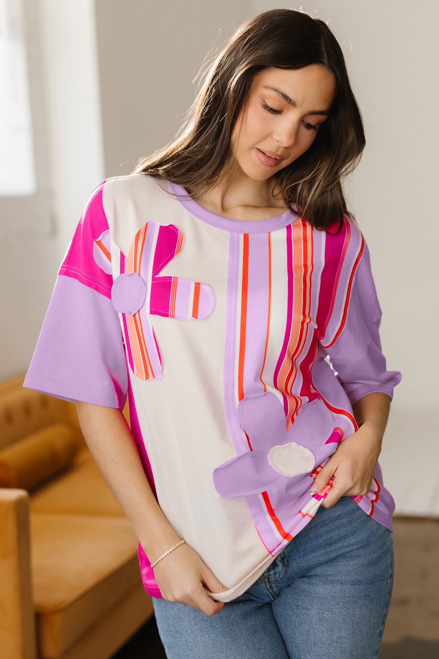 Pink Striped Color Block Flower Patched Half Sleeve Loose Top-Tops/Tops & Tees-[Adult]-[Female]-2022 Online Blue Zone Planet