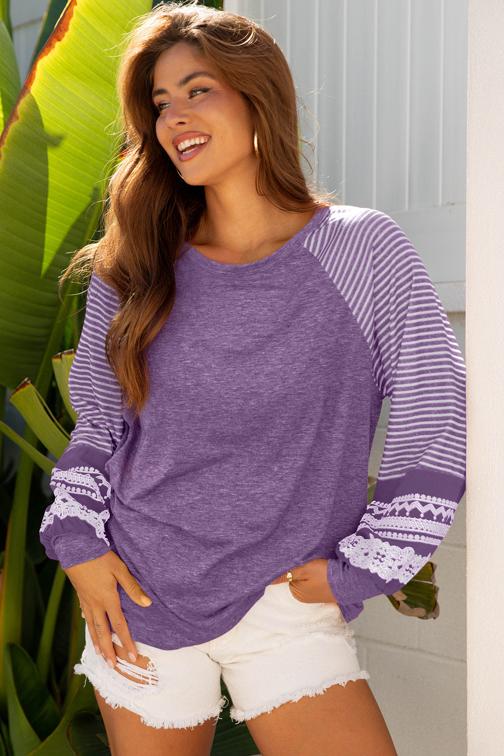 Tillandsia Purple Contrast Print Striped Raglan Long Sleeve Loose Top-Tops/Long Sleeve Tops-[Adult]-[Female]-2022 Online Blue Zone Planet