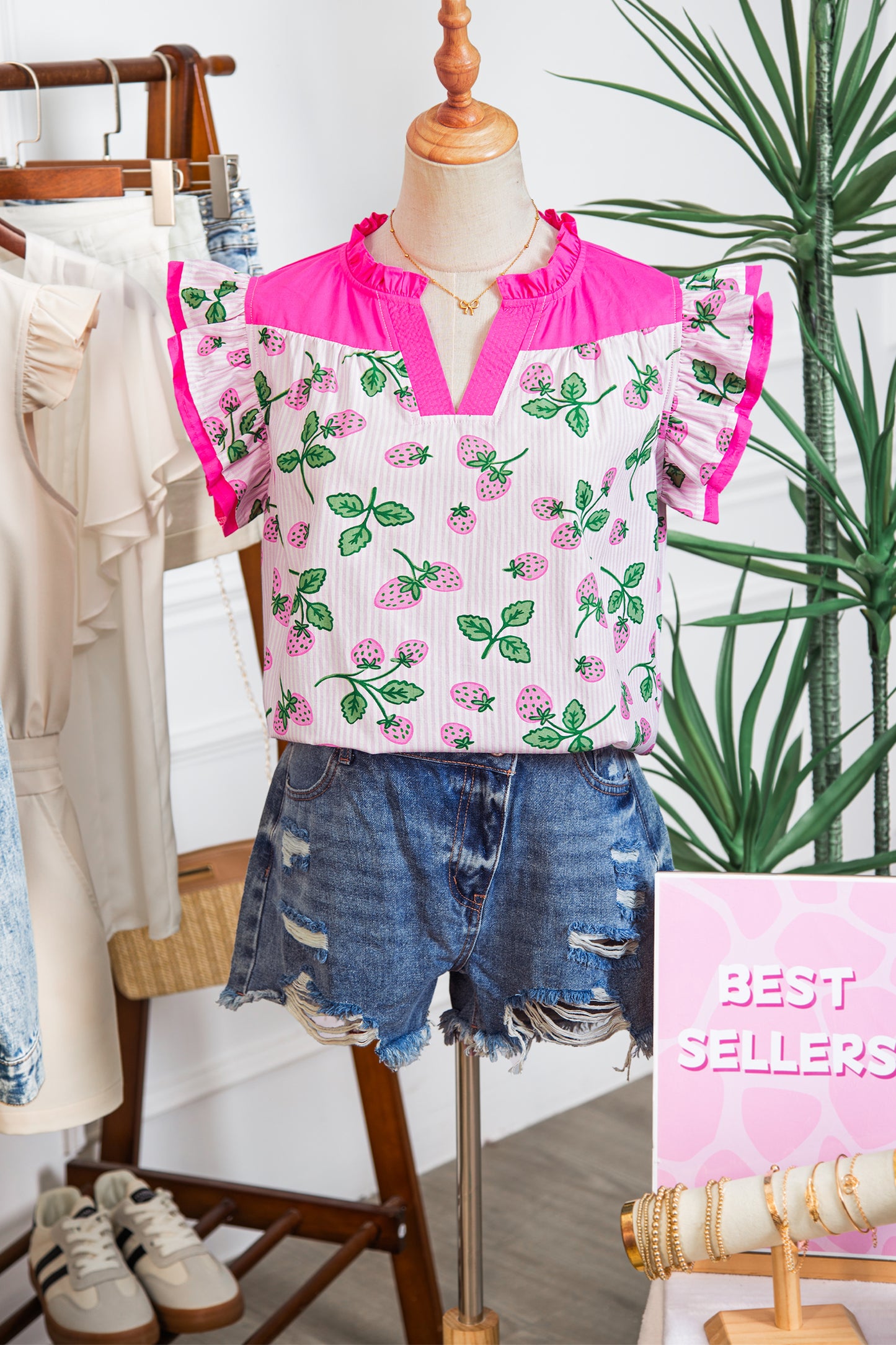 Pink Striped Strawberry Printed Color Block Patchwork V Neck Flutter Sleeve Blouse-Tops/Blouses & Shirts-[Adult]-[Female]-2022 Online Blue Zone Planet