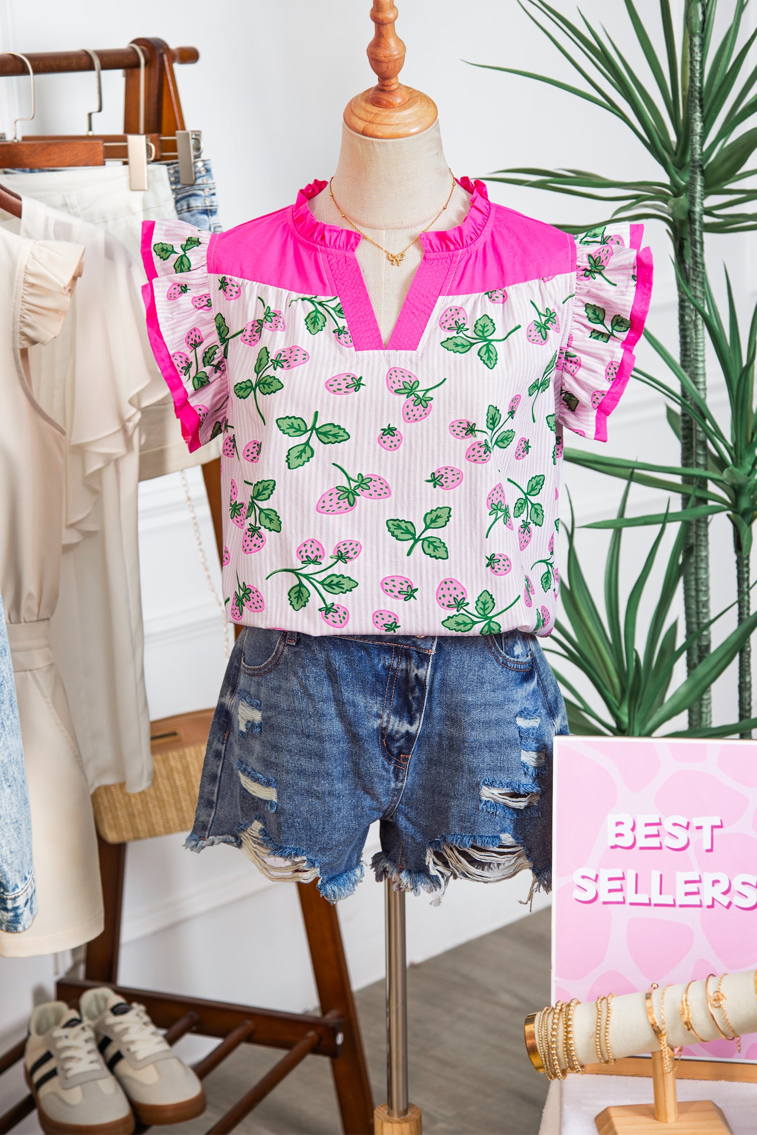 Pink Striped Strawberry Printed Color Block Patchwork V Neck Flutter Sleeve Blouse-Tops/Blouses & Shirts-[Adult]-[Female]-2022 Online Blue Zone Planet