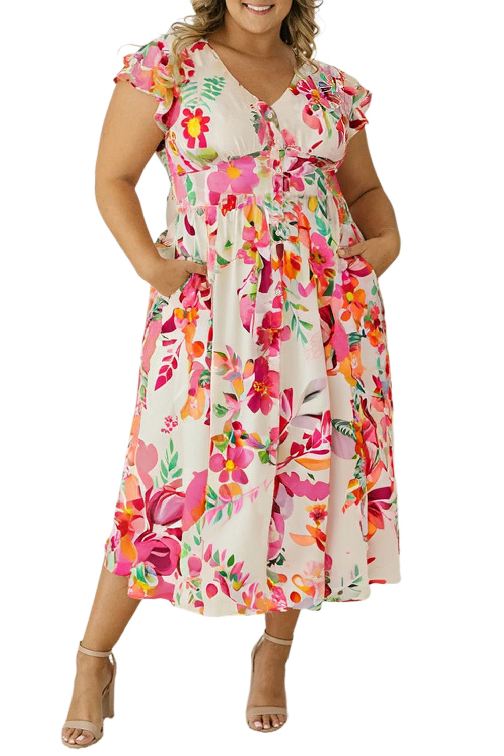 Pink Floral Print V Neck Ruffle Sleeve Plus Size Midi Dress-TOPS / DRESSES-[Adult]-[Female]-2022 Online Blue Zone Planet