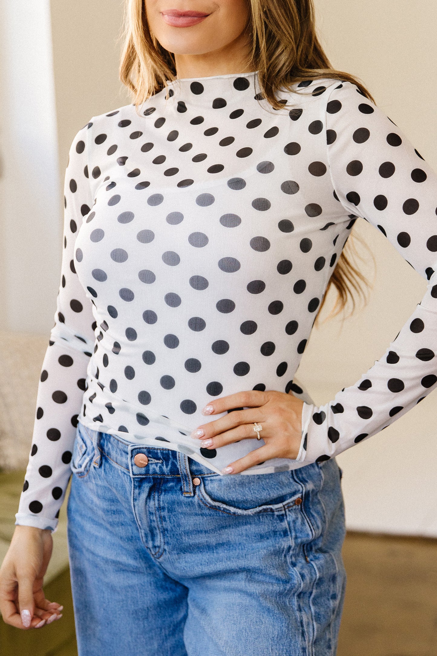 White Polka Dot Sheer Long Sleeve Round Neck Slim Top-Tops/Long Sleeve Tops-[Adult]-[Female]-2022 Online Blue Zone Planet