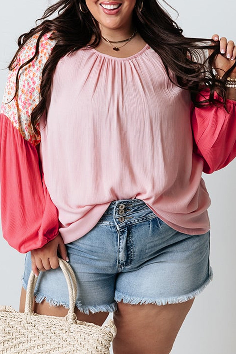 Pink Contrast Floral Patchwork Long Sleeve Plus Size Blouse-Plus Size/Plus Size Tops/Plus Size Long Sleeve Tops-[Adult]-[Female]-Pink-1X-2022 Online Blue Zone Planet