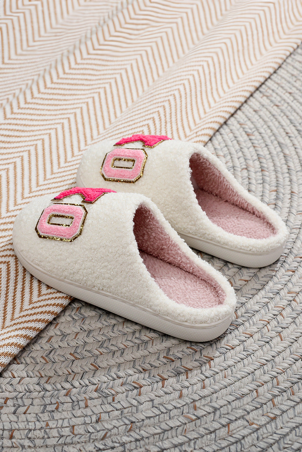 White Xo Xo Glitter Trim Letter Patched Plush House Slippers-Shoes & Bags/Slippers-[Adult]-[Female]-2022 Online Blue Zone Planet