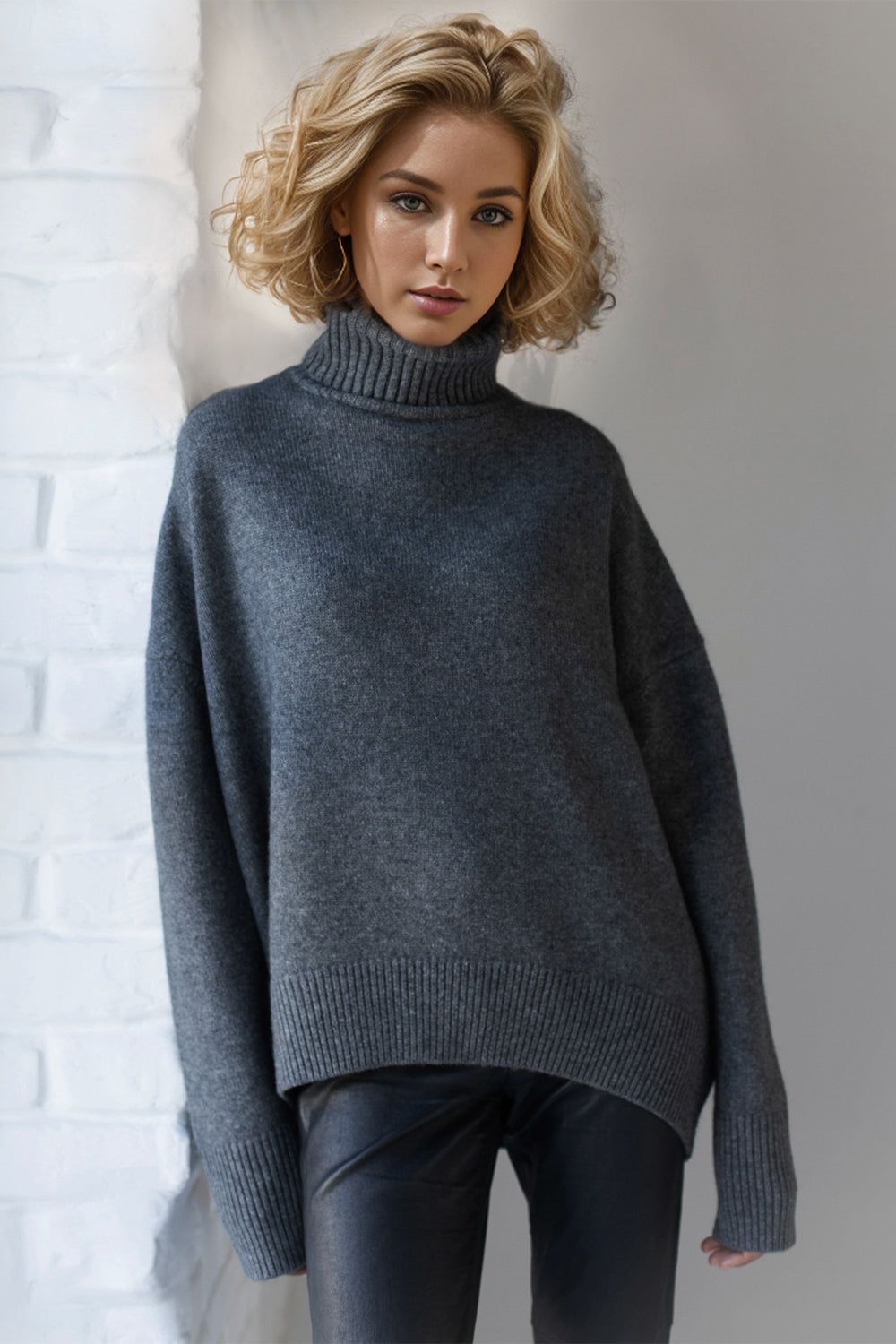 Basic Bae Turtleneck Dropped Shoulder Long Sleeve Sweater-TOPS / DRESSES-[Adult]-[Female]-Dark Gray-One Size-2022 Online Blue Zone Planet