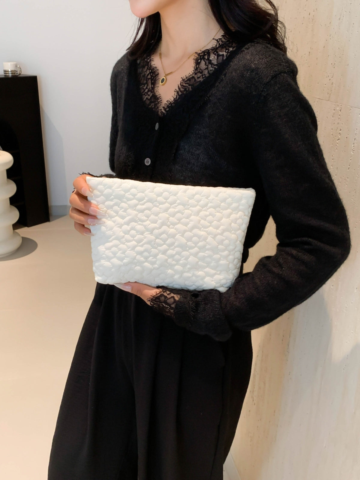 Flower Texture Polyester Clutch-HANDBAGS-[Adult]-[Female]-White-One Size-2022 Online Blue Zone Planet