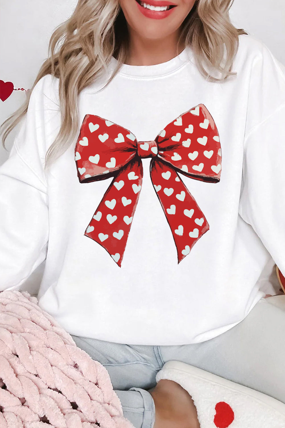 White Heart Bow Printed Round Neck Valentines Pullover Sweatshirt-Graphic Sweatshirts-[Adult]-[Female]-2022 Online Blue Zone Planet