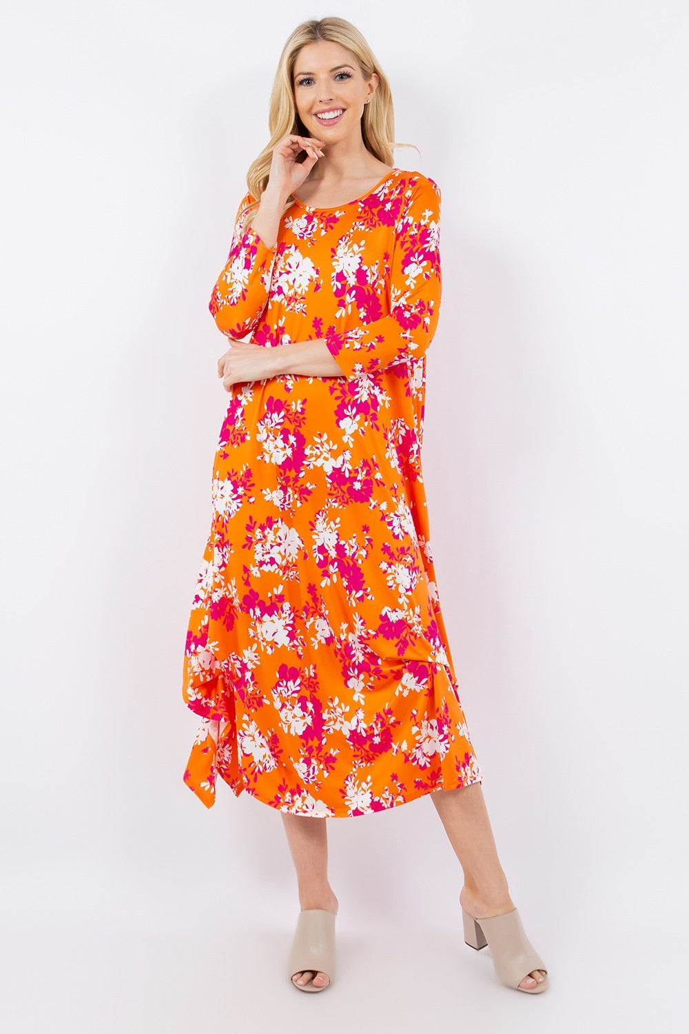 Celeste Full Size Pick-Up Hem Asymmetric Floral Midi Dress-TOPS / DRESSES-[Adult]-[Female]-Orange Floral-S-2022 Online Blue Zone Planet