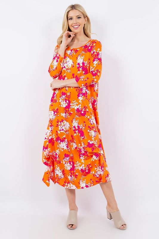 Celeste Full Size Pick-Up Hem Asymmetric Floral Midi Dress-TOPS / DRESSES-[Adult]-[Female]-Orange Floral-S-2022 Online Blue Zone Planet