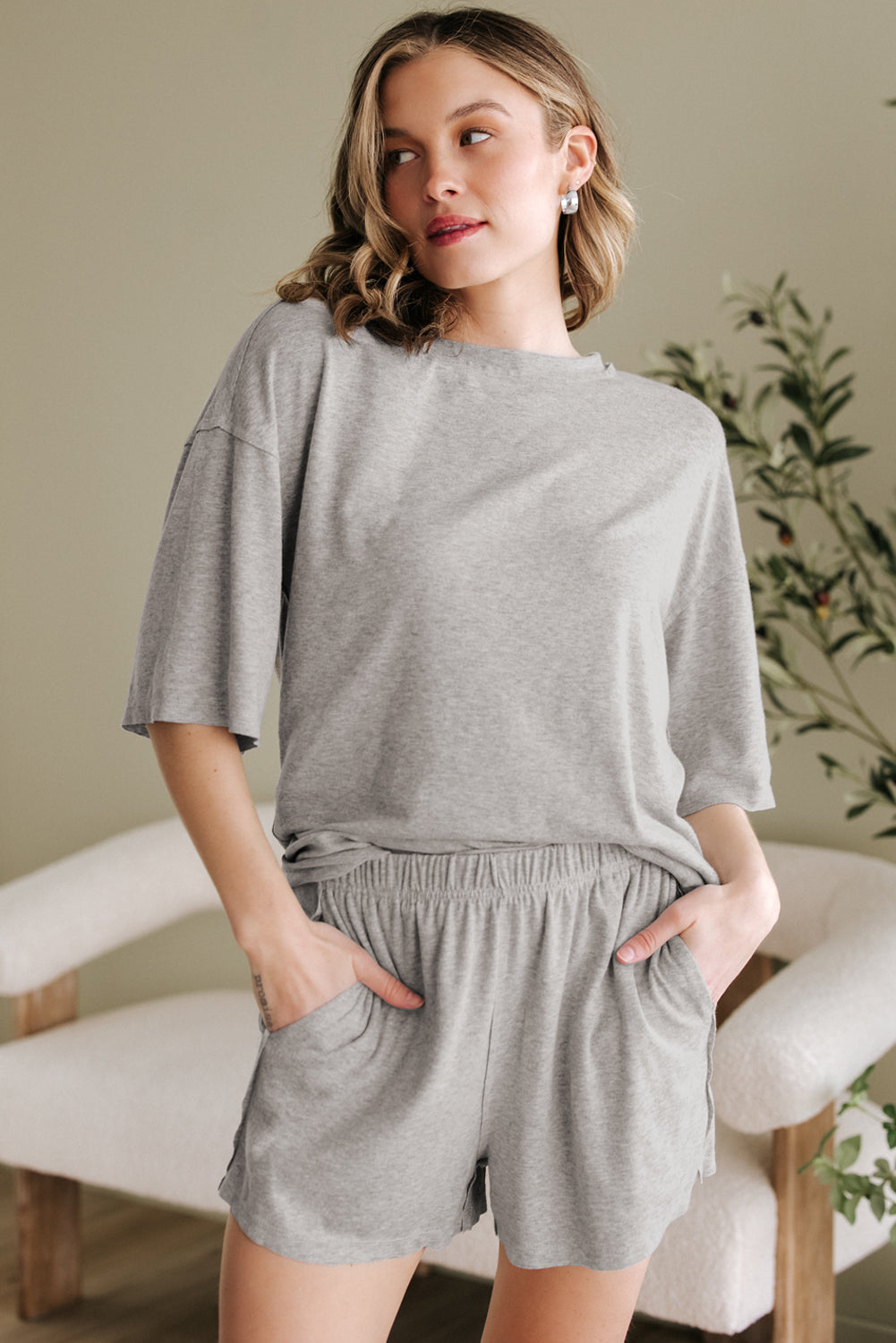 Gray Solid Color Loose Tee 2 Piece Shorts Set-Two Piece Sets/Short Sets-[Adult]-[Female]-2022 Online Blue Zone Planet