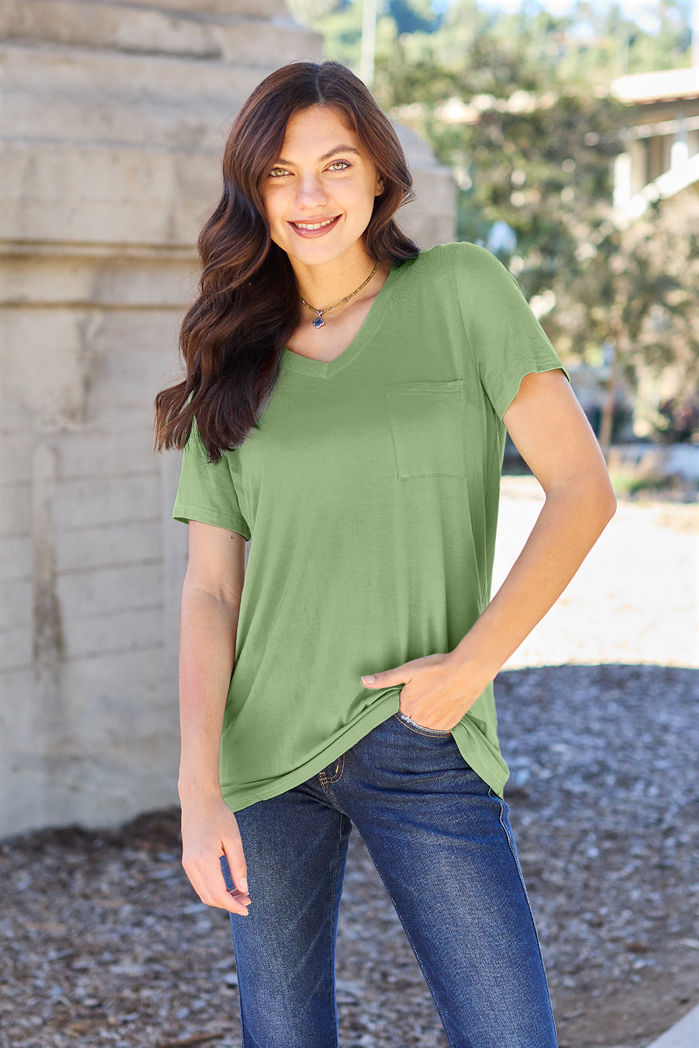 Basic Bae Bamboo Full Size V-Neck Short Sleeve T-Shirt-TOPS / DRESSES-[Adult]-[Female]-Matcha Green-S-2022 Online Blue Zone Planet