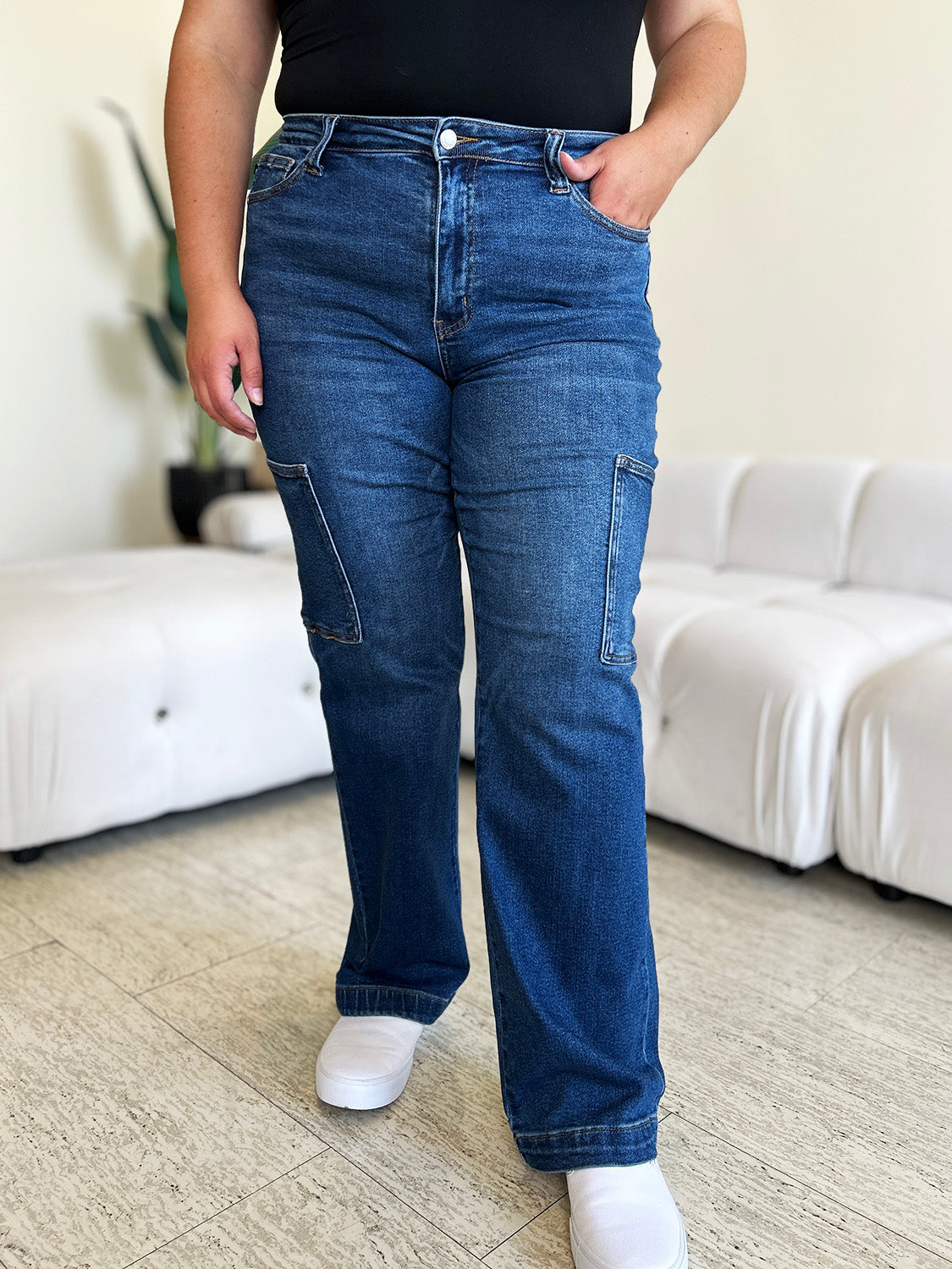 Judy Blue Full Size High Waist Straight Cargo Jeans-BOTTOMS SIZES SMALL MEDIUM LARGE-[Adult]-[Female]-2022 Online Blue Zone Planet