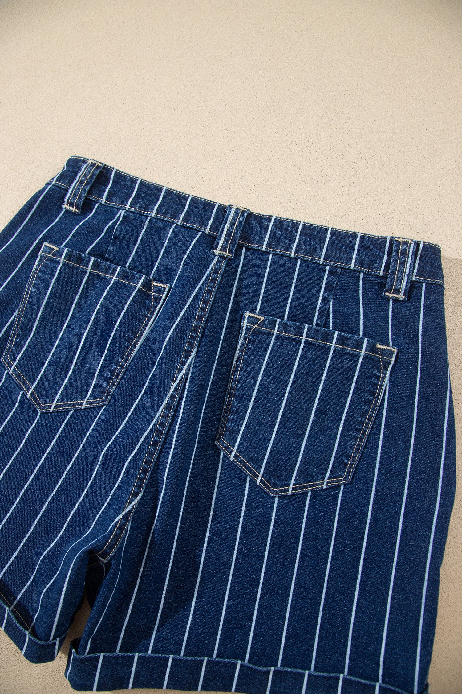 Blue Stripe Metal Button Detail Womens Denim Shorts-Bottoms/Denim Shorts-[Adult]-[Female]-2022 Online Blue Zone Planet