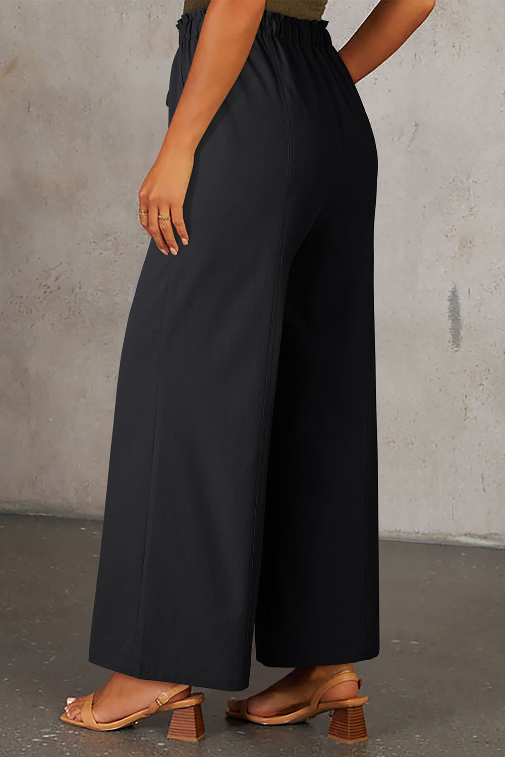 Black Solid Color Drawstring Elastic Waist Casual Loose Pants-Bottoms/Pants & Culotte-[Adult]-[Female]-2022 Online Blue Zone Planet