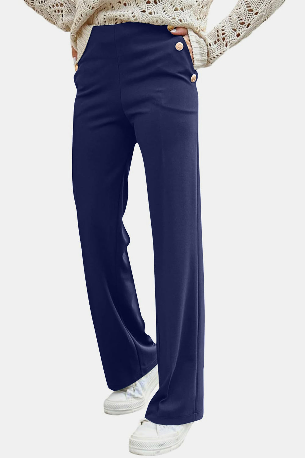 Decorative Button High Rise Pants-BOTTOMS SIZES SMALL MEDIUM LARGE-[Adult]-[Female]-2022 Online Blue Zone Planet