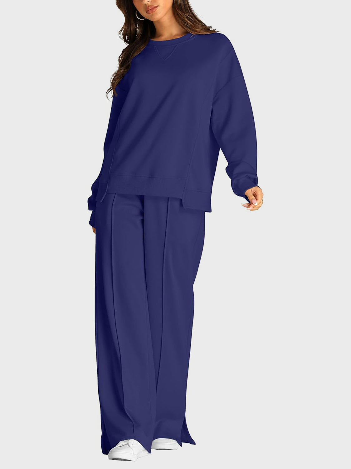 Round Neck Long Sleeve Top and Slit Pants Set-TOPS / DRESSES-[Adult]-[Female]-2022 Online Blue Zone Planet