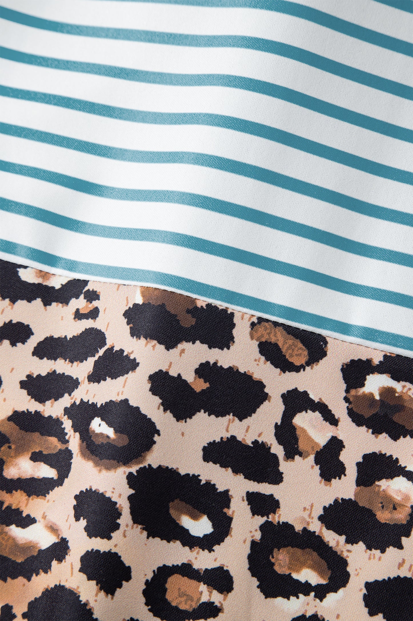 Sky Blue Stripe Contrast Leopard Patchwork Long Shirt Dress with Slits-TOPS / DRESSES-[Adult]-[Female]-2022 Online Blue Zone Planet