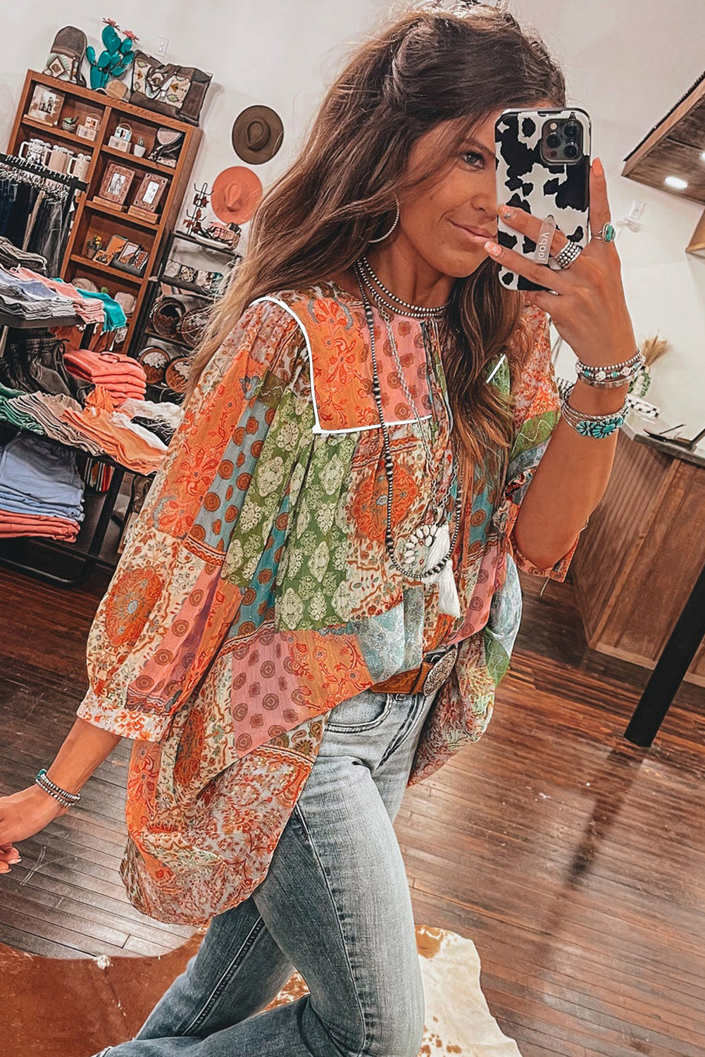 Orange Boho Paisley Mixed Print 3/4 Sleeve Chiffon Loose Dress-Dresses/Mini Dresses-[Adult]-[Female]-2022 Online Blue Zone Planet