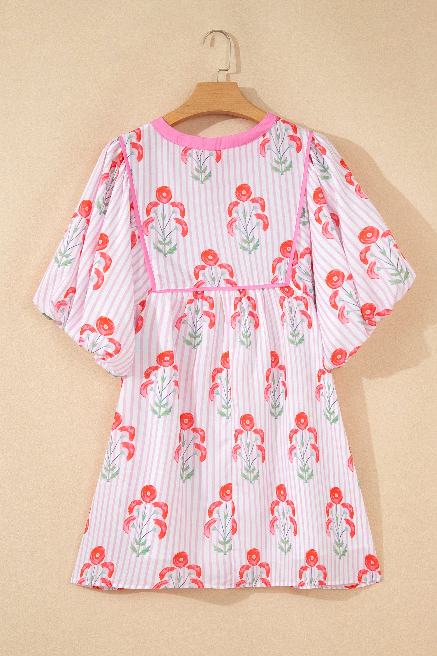 Pink Floral Striped Print Tie Notched Neck Puff Sleeve Flared Mini Dress-TOPS / DRESSES-[Adult]-[Female]-2022 Online Blue Zone Planet
