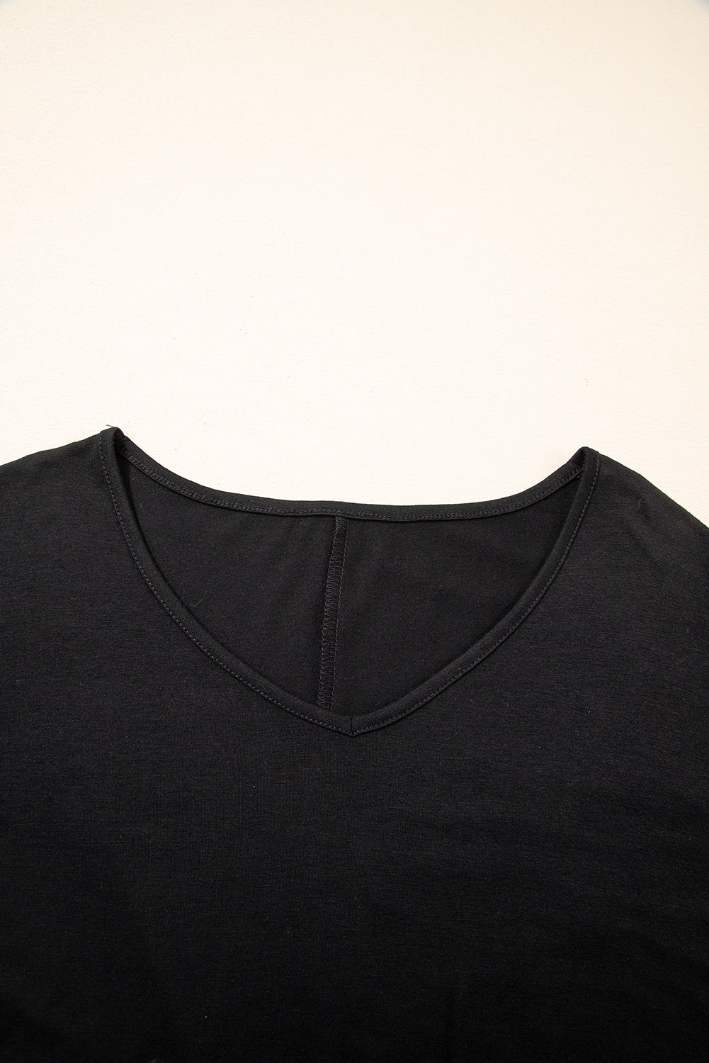 Black Solid Colour V-Neck Double Layer Sleeve Loose T-Shirt-Tops/Tops & Tees-[Adult]-[Female]-2022 Online Blue Zone Planet