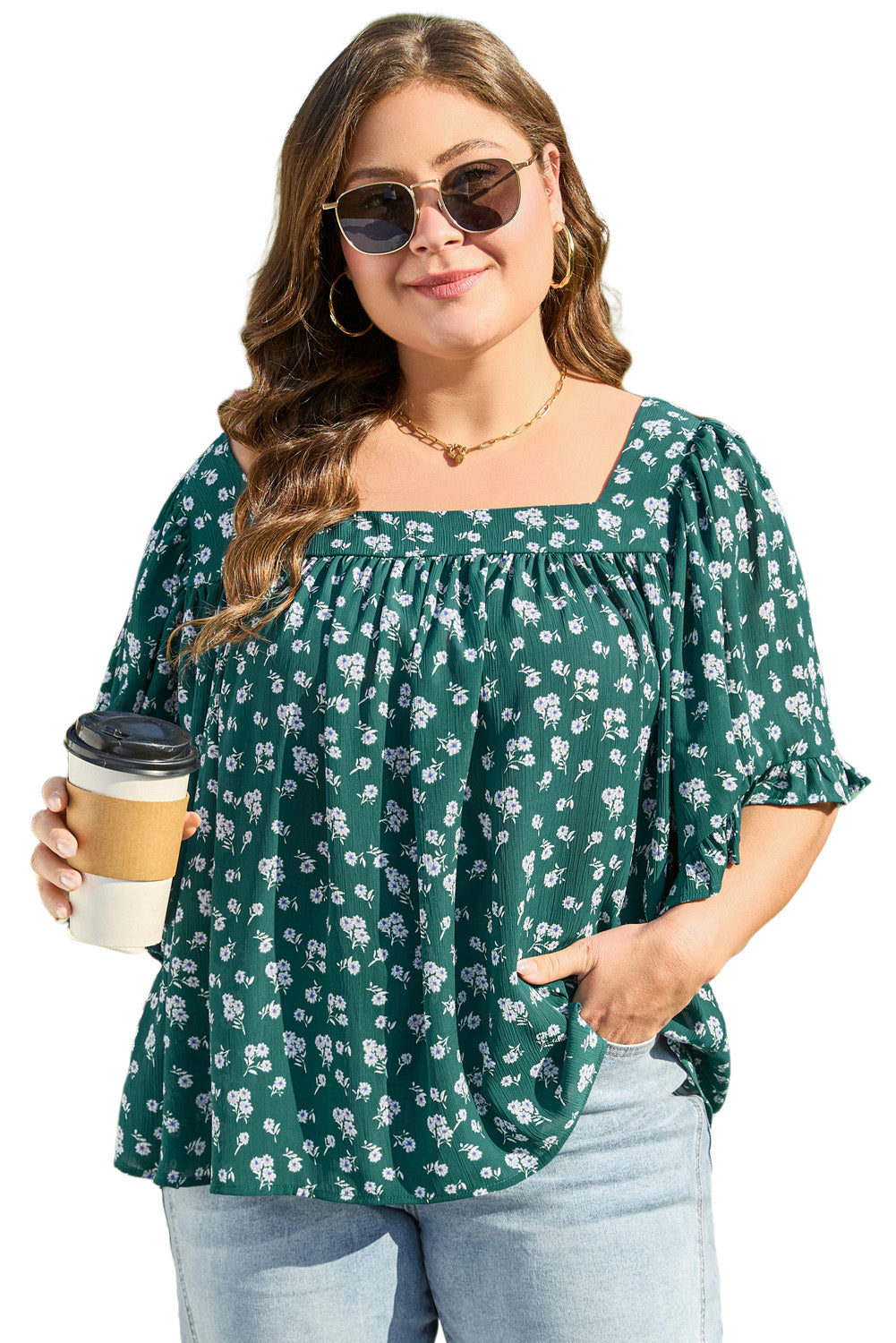 Green Floral Print Square Neck Ruffled Trim Plus Size Blouse-Plus Size/Plus Size Tops/Plus Size Blouses & Shirts-[Adult]-[Female]-2022 Online Blue Zone Planet