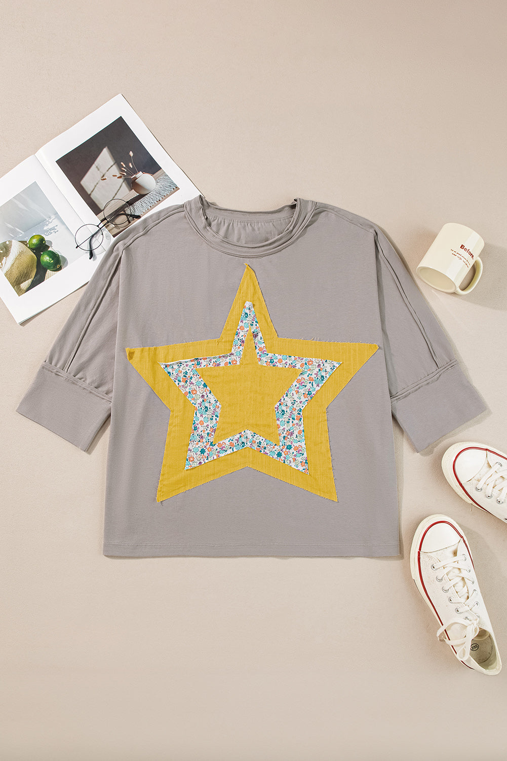 Star Applique Round Neck T-Shirt-TOPS / DRESSES-[Adult]-[Female]-2022 Online Blue Zone Planet