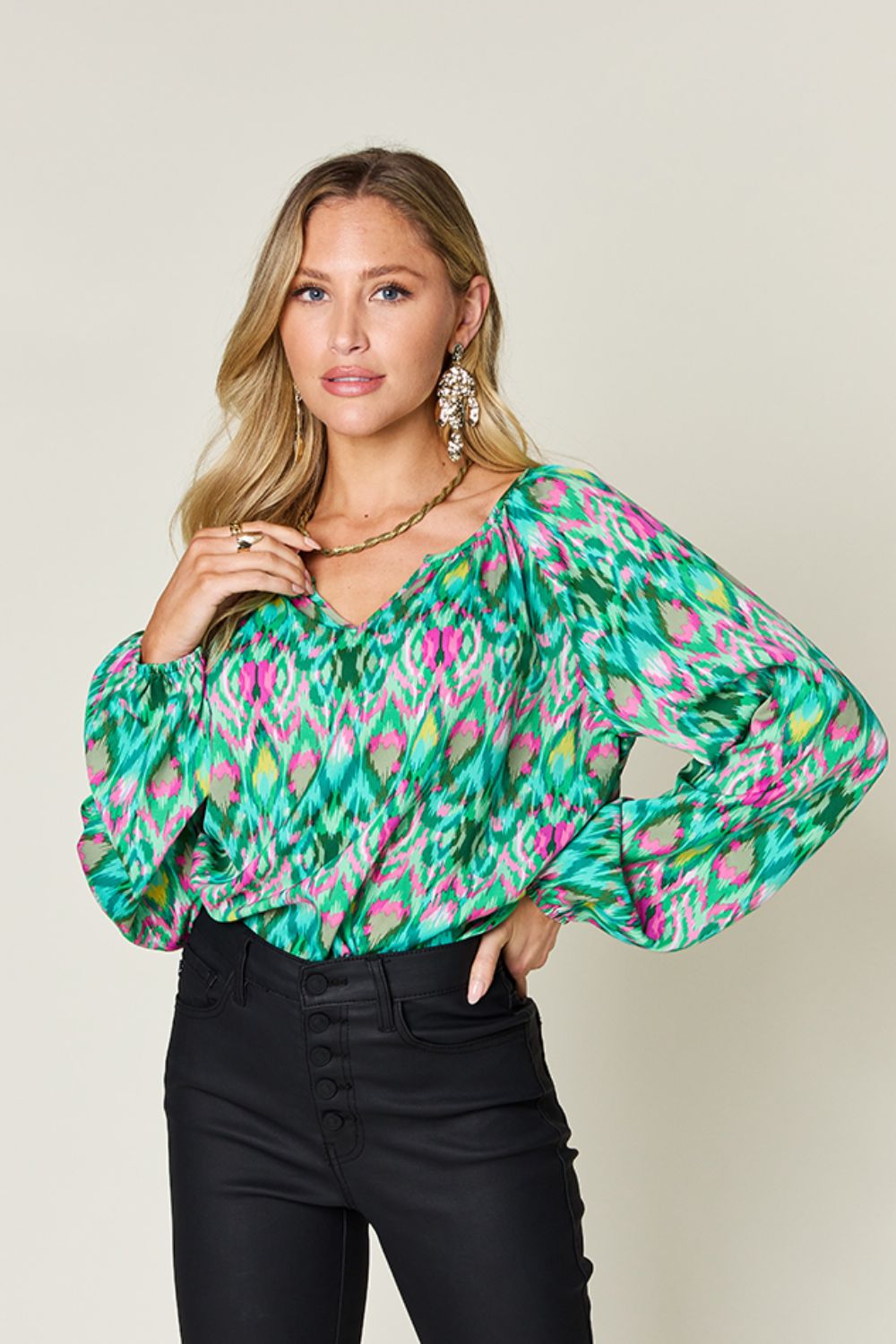 Blue Zone Planet | Double Take Full Size Printed Balloon Sleeve Blouse-TOPS / DRESSES-[Adult]-[Female]-Green-S-2022 Online Blue Zone Planet