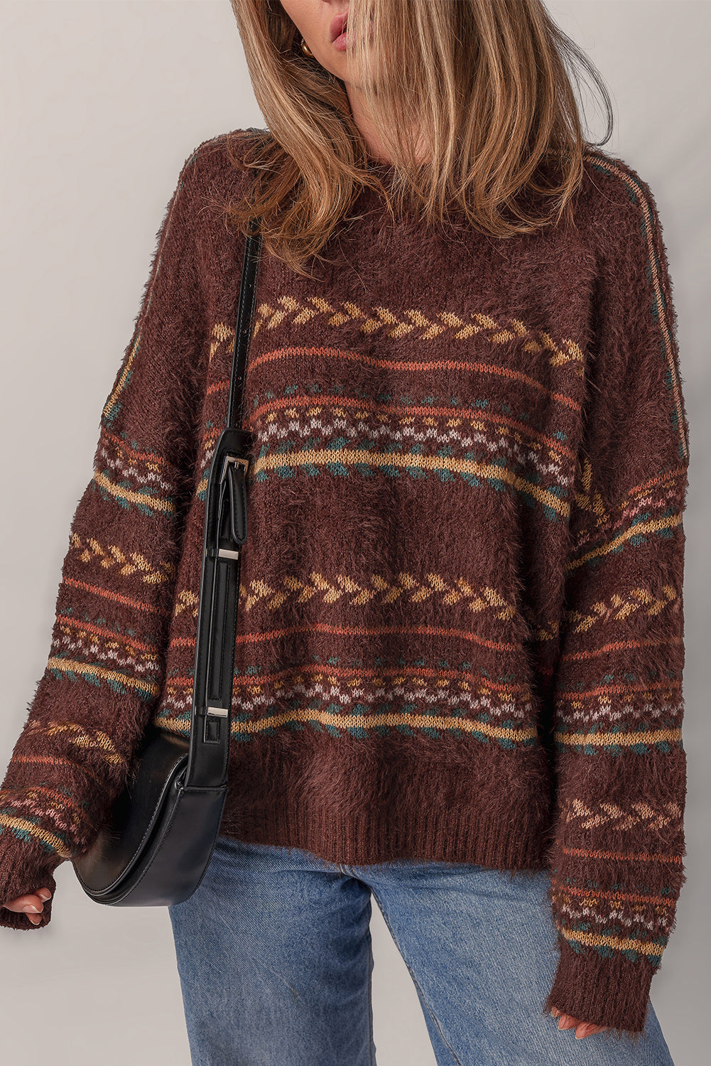 Brown Ethnic Pattern Mohair Knitted Drop Shoulder Sweater-TOPS / DRESSES-[Adult]-[Female]-Brown-S-2022 Online Blue Zone Planet