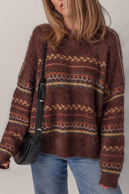 Brown Ethnic Pattern Mohair Knitted Drop Shoulder Sweater-TOPS / DRESSES-[Adult]-[Female]-Brown-S-2022 Online Blue Zone Planet