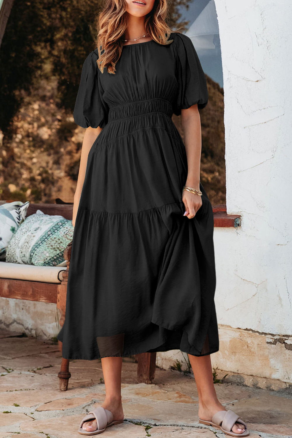 Black Puff Sleeve Pleated High Waist Flowy Long Dress-TOPS / DRESSES-[Adult]-[Female]-Black-S-2022 Online Blue Zone Planet