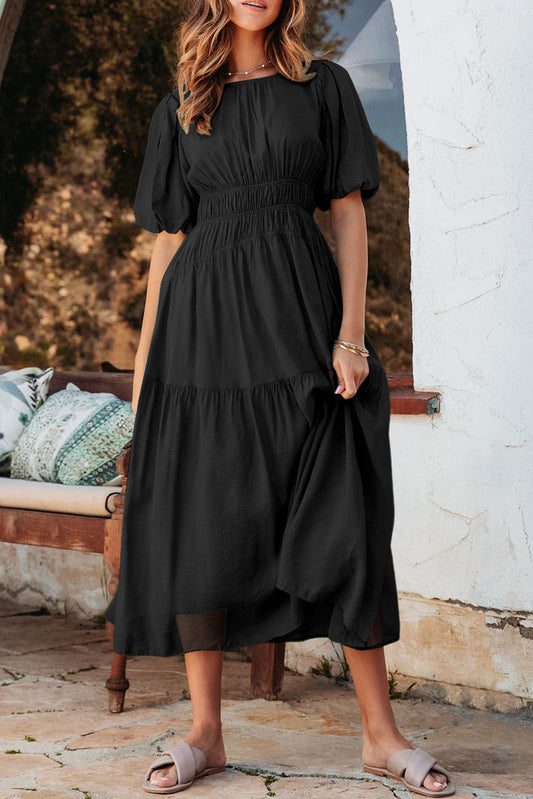 Black Puff Sleeve Pleated High Waist Flowy Long Dress-TOPS / DRESSES-[Adult]-[Female]-Black-S-2022 Online Blue Zone Planet