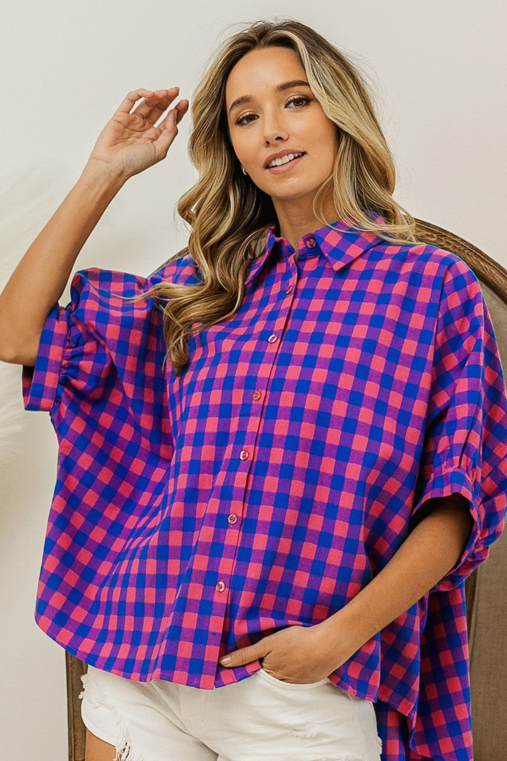 BiBi Plaid Button Up Dolman Sleeve Shirt-TOPS / DRESSES-[Adult]-[Female]-Navy/Pink-S-2022 Online Blue Zone Planet